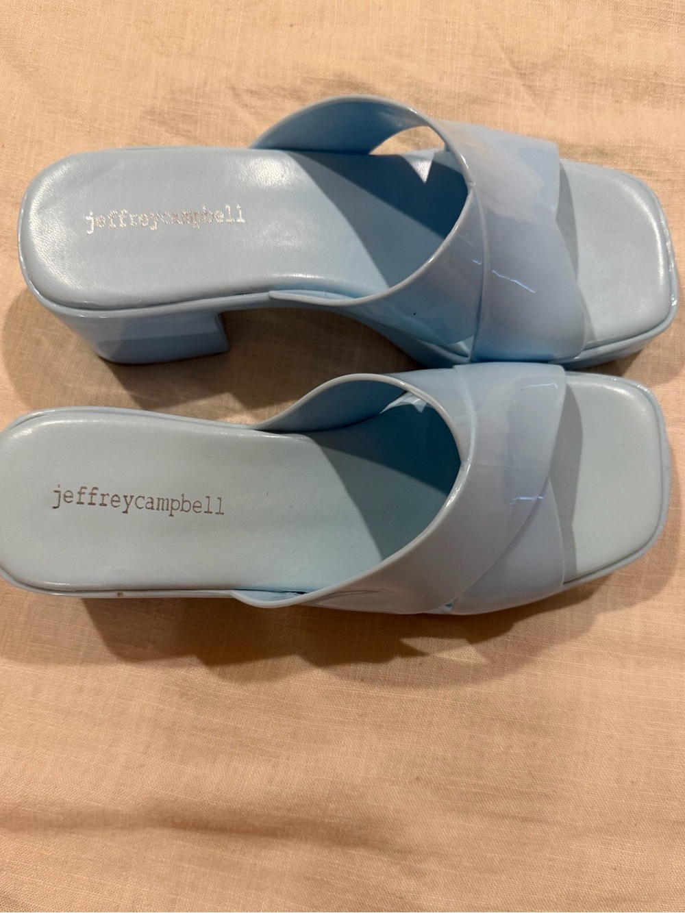 Jeffrey Campbell Powder Blue Patent Crossover Block Heel Slides